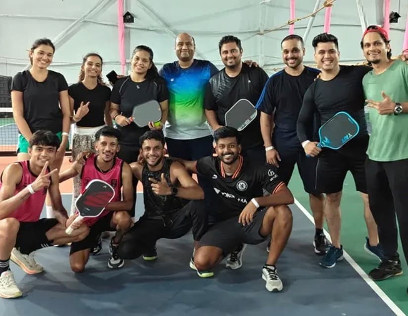 Players and the organiser gathered on court at the Mumbai Pickleball Cup S1