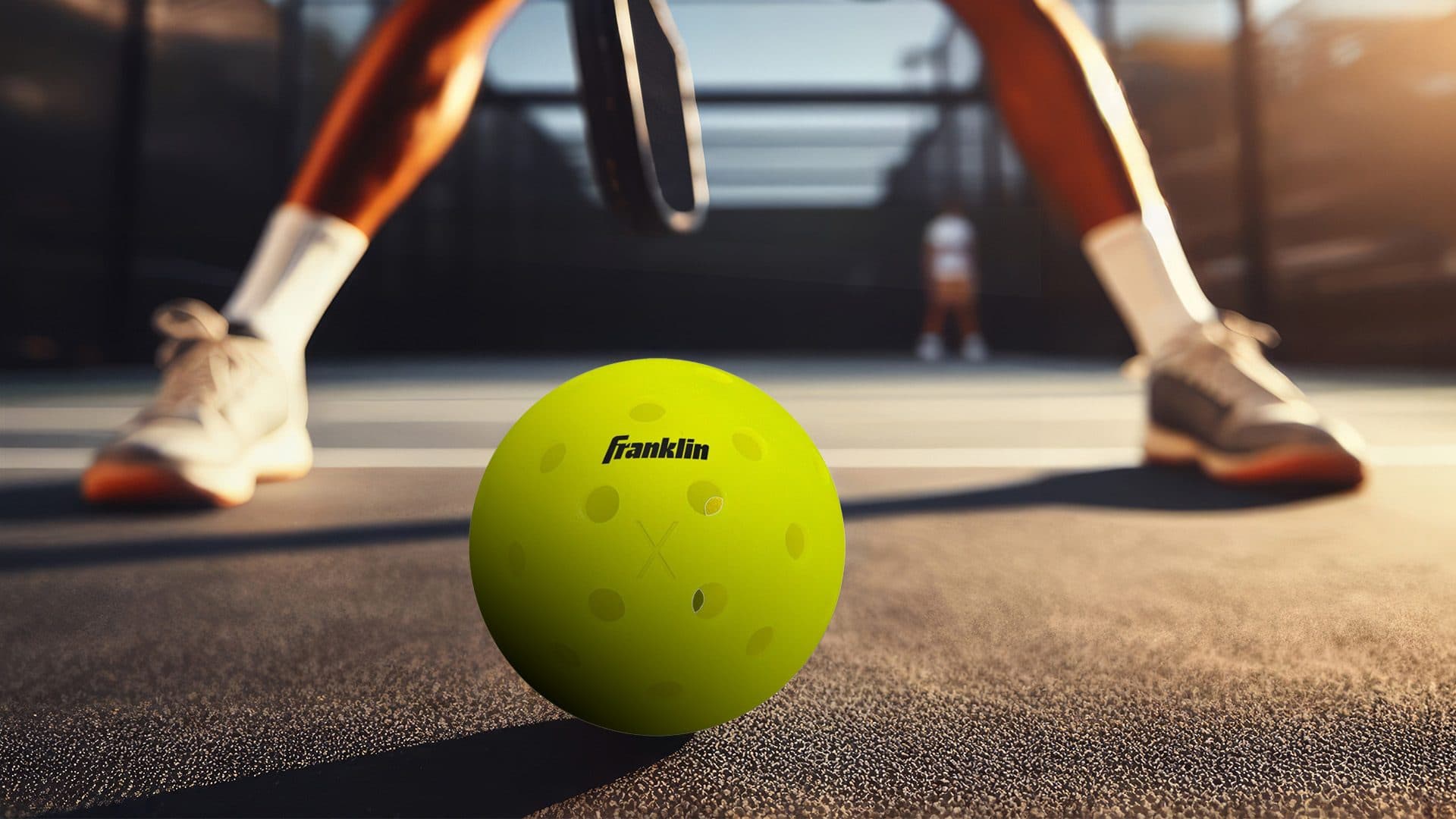 A Franklin X-40 outdoor pickleball sitting on court in front of a player set at the baseline with their paddle